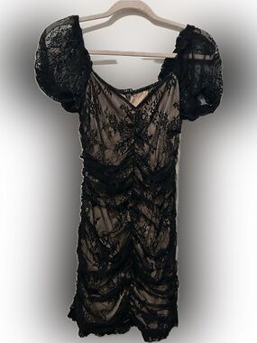 iris Black Lace Ruched Mesh Dress with Puff Sleeves